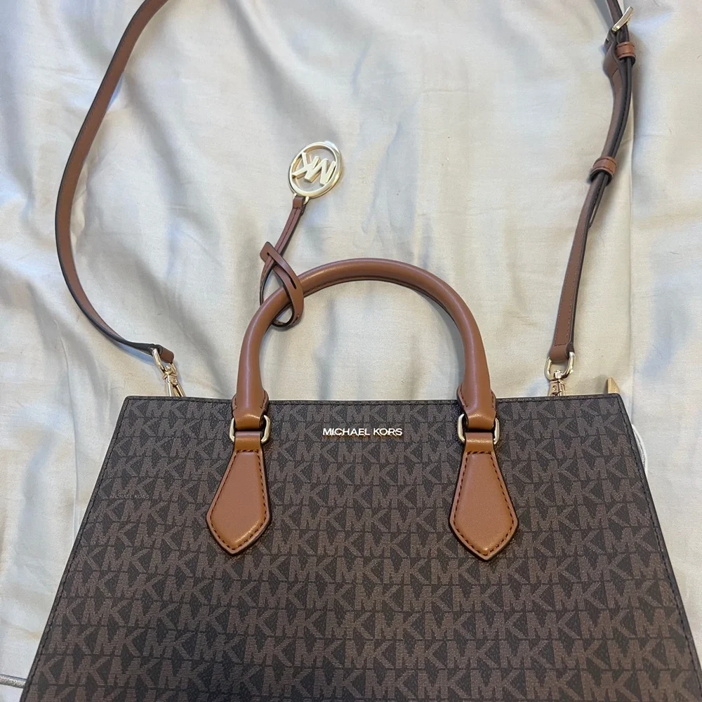 NEW Michael Kors Brown Logo Satchel with Tan Accents - Picture 4 of 9